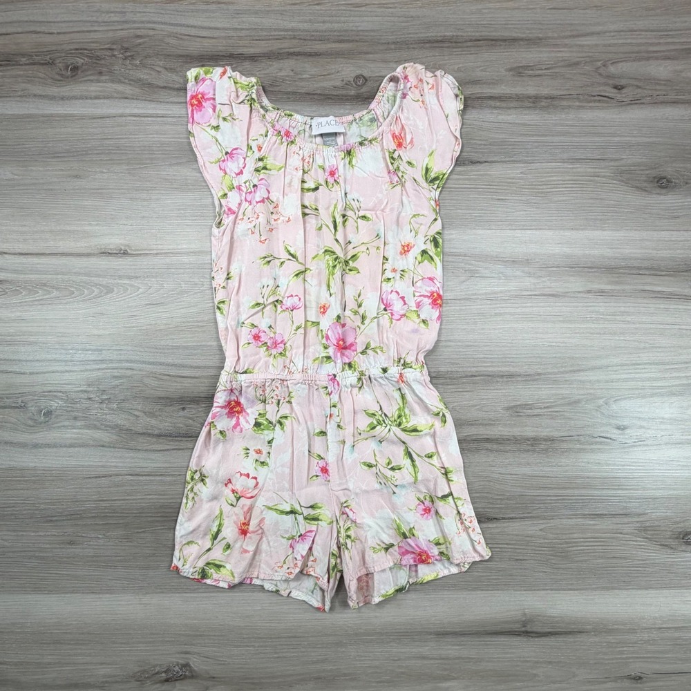 The Childrens Place Girls Pink Floral Flutter Sleeve Rayon Romper Size L 10/12